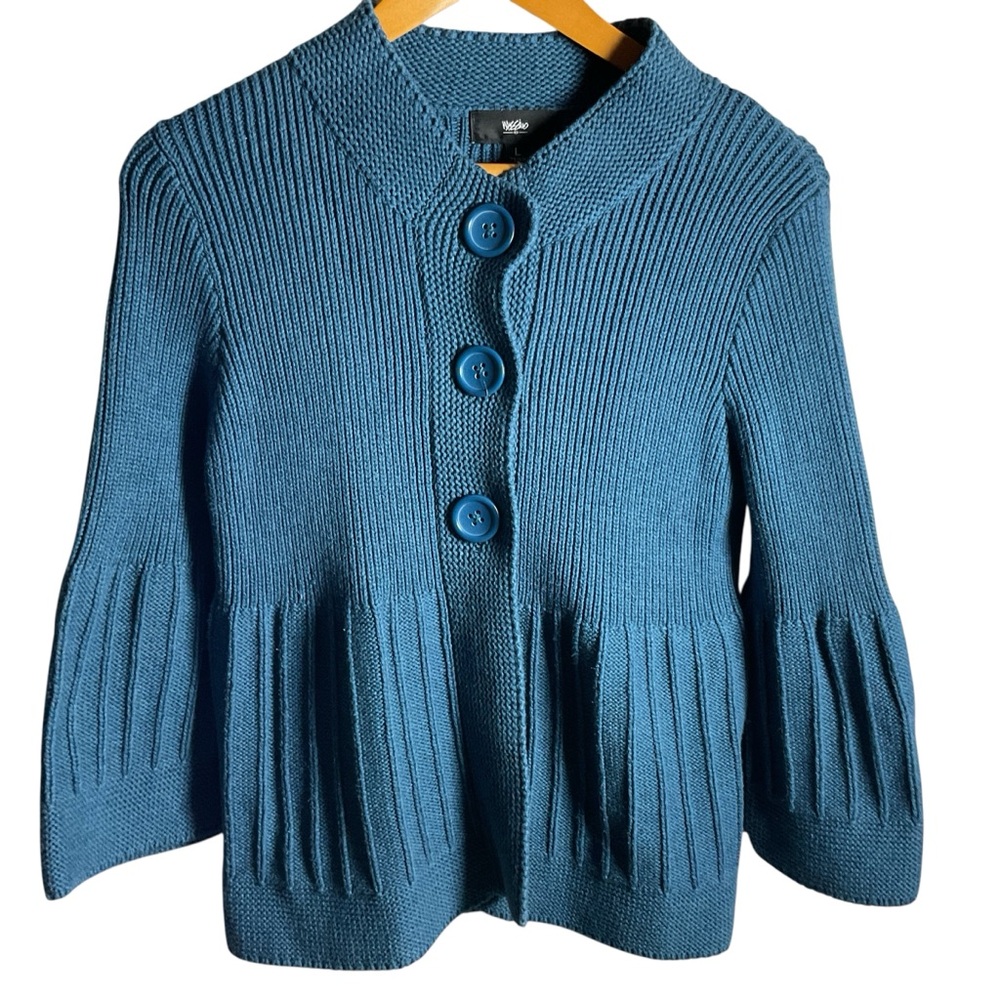 Mossimo Ribbed Knit Cardigan Sweater Sz L Teal Blue Bishop Sleeves